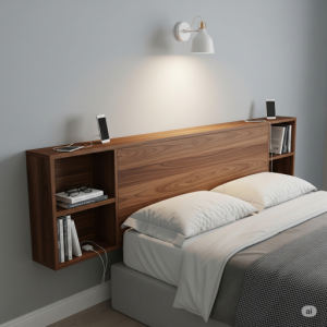 A custom floating headboard design that incorporates shallow shelves for books, glasses, and charging phones.