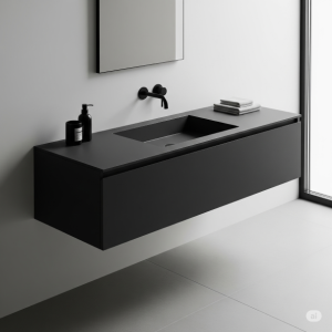 An integrated sink, floating bathroom vanity.