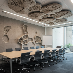 Biomimicry, emulating nature's designs, textured surfaces inspired by natural formations helps diffuse meeting room sound.