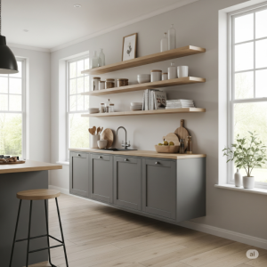Combined open floating shelves above a run of closed floating base cabinets for a airy yet functional kitchen design.