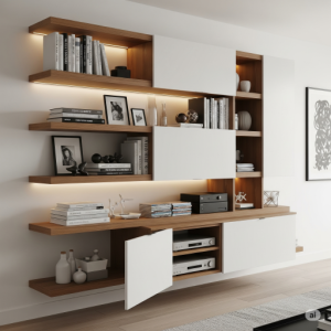 Combined open floating shelves with closed cabinet sections for a mix of display and hidden storage for books, décor, and electronics.