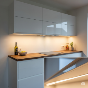 Floating kitchen wall cabinets with integrated LED lighting underneath, illuminating your countertops beautifully.