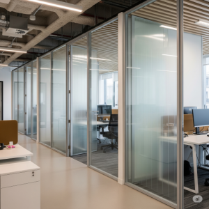 Glass office partitions, especially with translucent material, visually increase the space. 