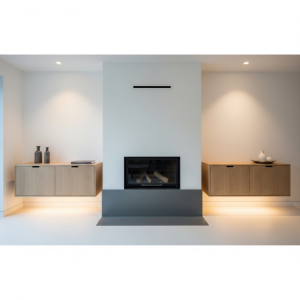 Floating cabinets on either side of a modern fireplace, creating a built-in look and additional storage.