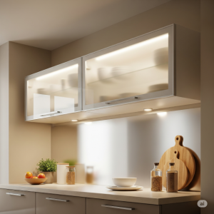 Narrow, Horizontal Cabinets with Frosted Glass Doors.