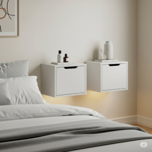 Small, individual floating cabinets on either side of the bed.