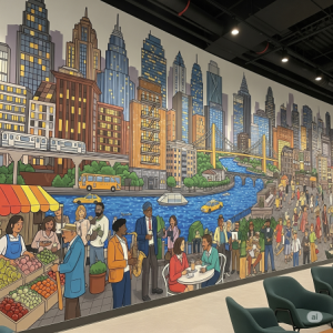 An urban cityscape indoor mural