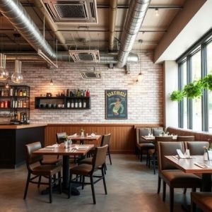 Industrial restaurant design with metal accents