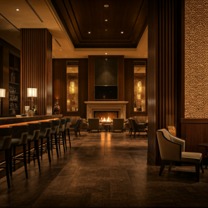 Lobby bar grand fireplace adds to the sophisticated ambiance