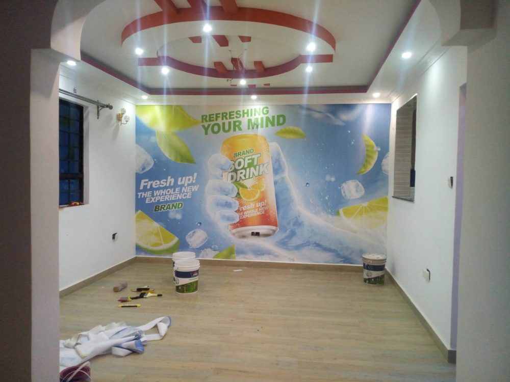 Office interior design mural, wall partitions, soundproofing and ceiling installation by Wallpaper Kenya.