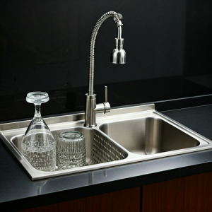 Stainless steel bar counter sink basin with a spray head and a second basin for rinsing glassware.