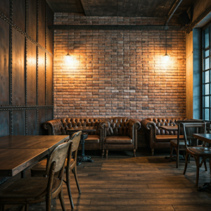 cafe lounge interior design in industrial style exposed brick, metal accents, and vintage furniture