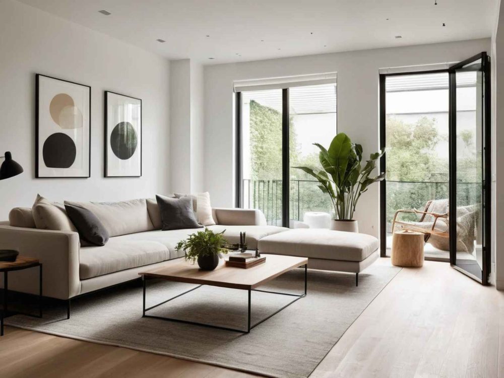 A clean and uncluttered Townhouse interior design space with white walls, hardwood floors, and natural light