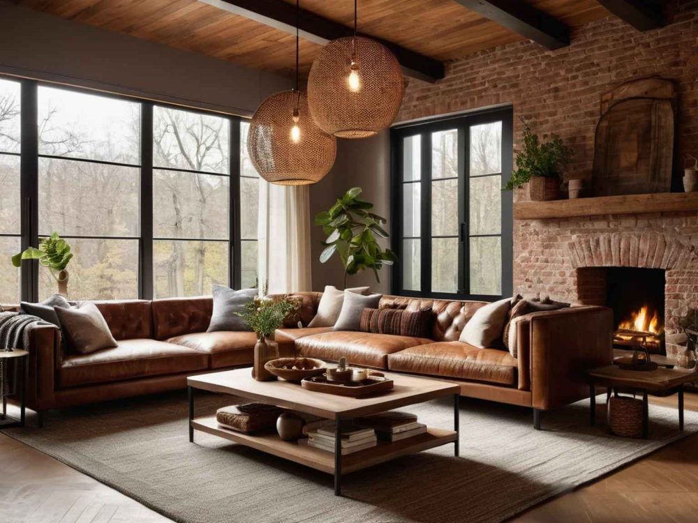 A cosy and inviting Townhouse interior atmosphere with exposed brick walls, wood-beamed ceilings