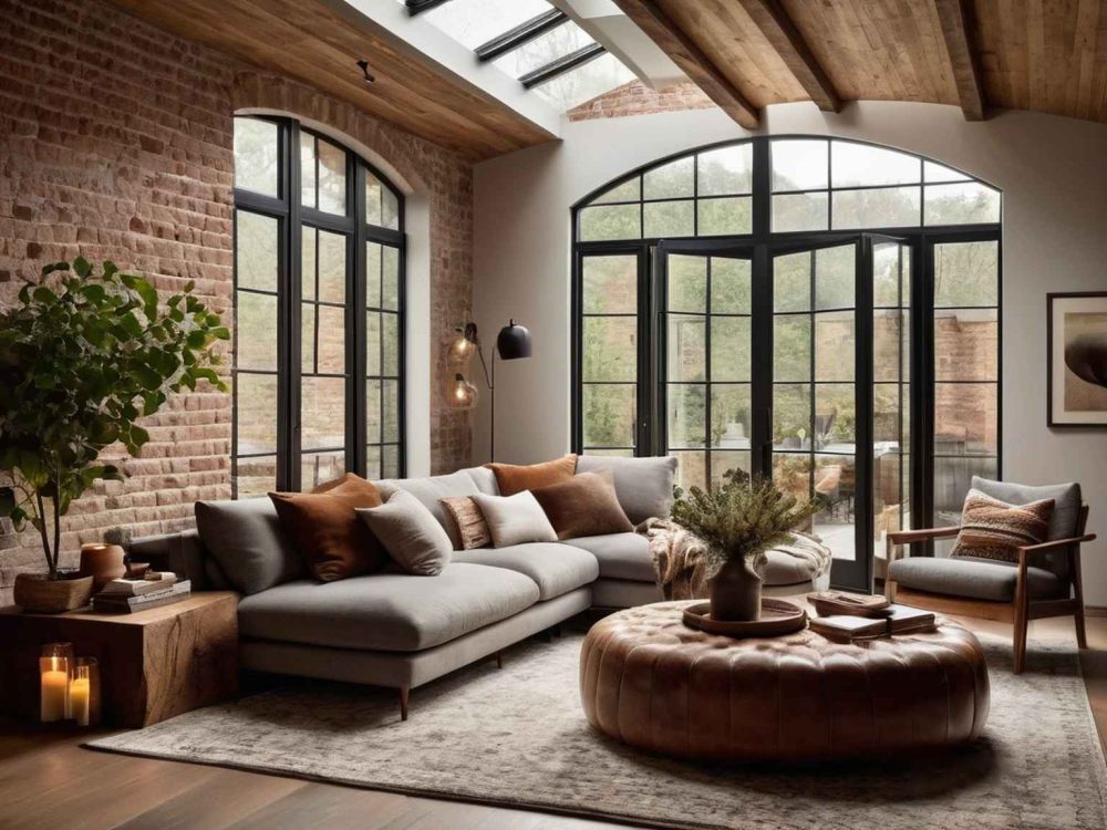 A cosy and inviting Townhouse interior atmosphere with exposed brick walls, wood-beamed ceilings, and w