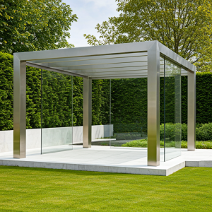 A gazebo made of metal and glass