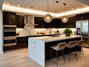 A sophisticated and stylish townhouse interior design with sleek furniture, marble countertops, and state-of-the-art appliances. 