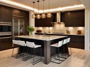 A sophisticated and stylish townhouse interior design with sleek furniture, marble countertops, and state-of-the-art appliances