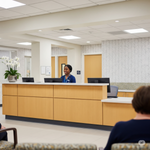  A view of a hospital reception desk from the waiting area. 