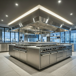 Commercial kitchen cooking island in the centre of the room raised from the floor