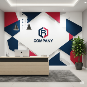 Geometric Patterns and Company Logo, Reception Wallpaper, Branding. 