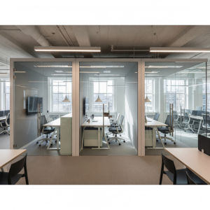 Glass Partitioned Pods. Small group workspaces within a larger open plan office.