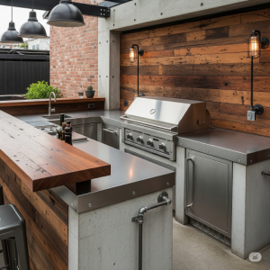Industrial Chic Outdoor Kitchen Design with Mixed Materials