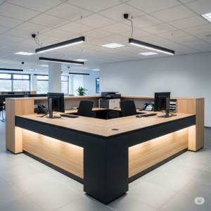 Large desk-level work surface behind the office reception counter.