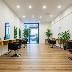 Men's hair salon interior design with linoleum floor.