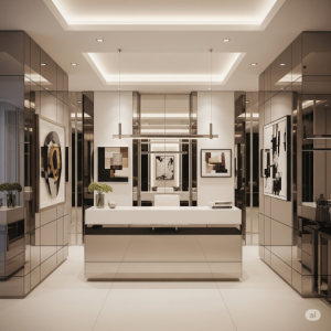 Mirrored Front Office Surfaces to expand the perception of space and add glamour.