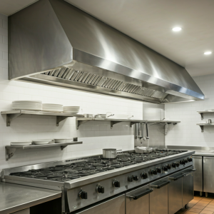 Restaurant kitchen ventilation systems with efficient hoods and exhaust fans to reduce heat and humidity