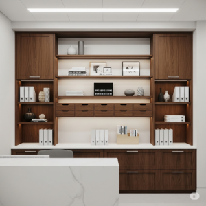 Shelves, drawers, and built-in cabinets behind the office reception desk. 