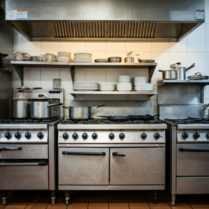 Stoves and ovens arrangement in the restaurant hot kitchen area