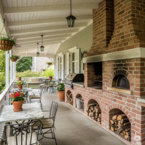 The closer your outdoor kitchen is to your indoor kitchen, the more convenient it will be for food prep, bringing out ingredients, and cleaning up.