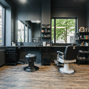 a single-room barbershop strategic division of the space into distinct functional areas