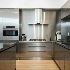 an entire hi-tech residential kitchen in Stainless Steel