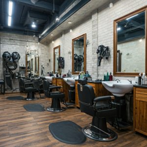 arrangement of mirrors, dryers, barber chairs, and sinks located close to each other and have unimpeded access in a barbershop.