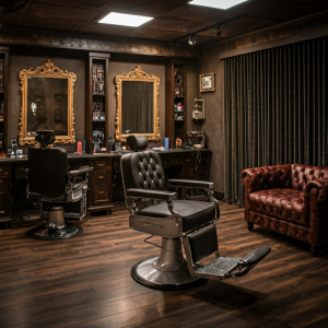 barbershop velour and velvet upholstery looking luxurious, emphasizing the high status of the establishment