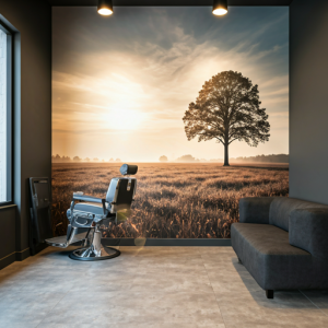 barbershop waiting area with a nature mural