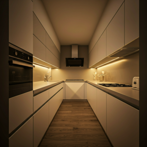 linear kitchen interior design, where all the elements of the set are located along two parallel walls