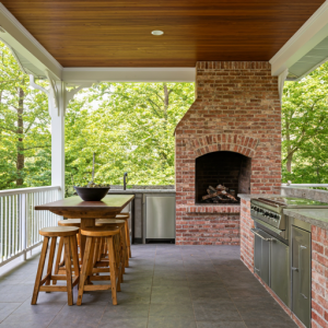 veranda kitchen and wooden stools