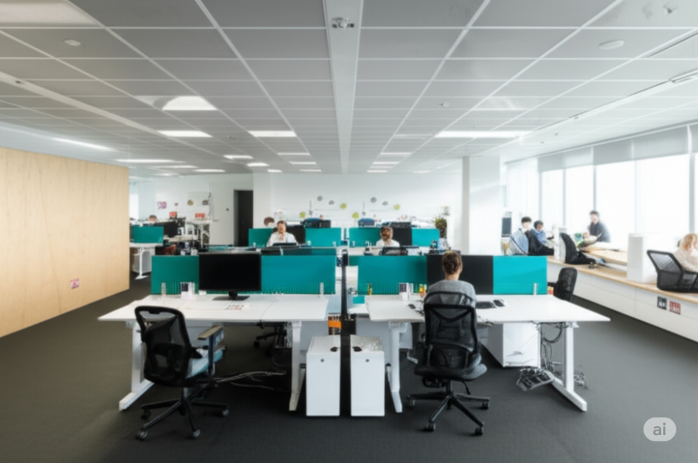 a Bright and Airy Open-Plan Office: A wide-shot image showcasing a modern open-plan office with plenty of natural light, ergonomic workstations, and collaborative spaces. Emphasize light colors, natural materials (wood, plants), and clean lines. This highlights contemporary trends and a positive work environment.
