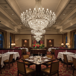 Chandelier in a luxury restaurant dining room.