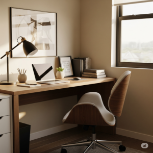Cosy and Productive Private Office. A well-designed private office, featuring a comfortable yet professional desk setup, personalized décor, and good lighting. 