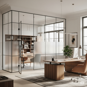 Executive Office Elegance. A sophisticated, high-end executive office designed with premium partitions and full-height glass featuring a sleek frame.