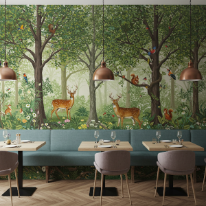 Lush greenery, towering trees, and woodland creatures wallpaper mural.