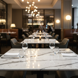 Marble table tops in an elegant restaurant.