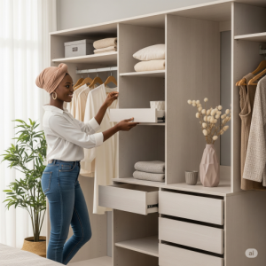 Modular Storage System: A flexible MDF wardrobe with adjustable shelves, drawers, and hanging rods that can be reconfigured as needed. 