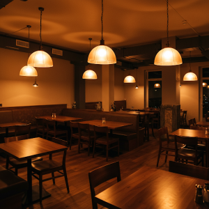 Restaurant dining room ambient lighting, soft, warm glows from pendant lights.