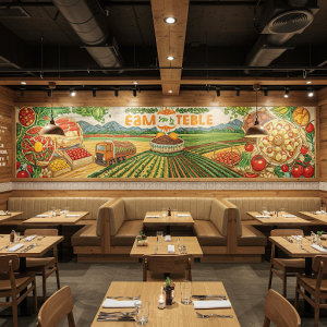Restaurant interior design with a mural illustrating the journey of food, from farm to table, to resonate with diners who appreciate fresh, sustainable ingredients.